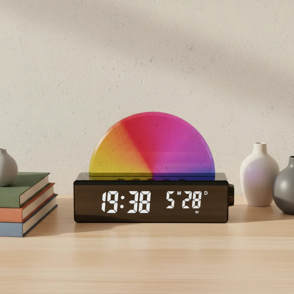 EMAF Simulated Sunrise Electronic Table Desktop Stepless Dimming Wake up Light Mirror Digital Alarm Clock with USB Charging Port