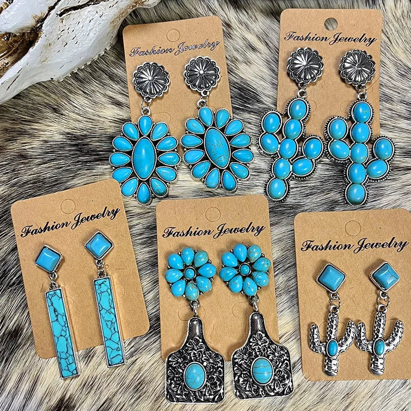 New Fashion Western Cowboy Cactus Flowers Long Bar Turquoise Drop Earrings for Women Dangle