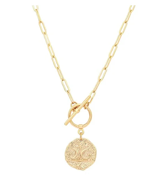 18k Gold Moon and Star Medallion Pendant Necklace Medal Paperclip Chain Choker Layering Jewelry for Women Girls