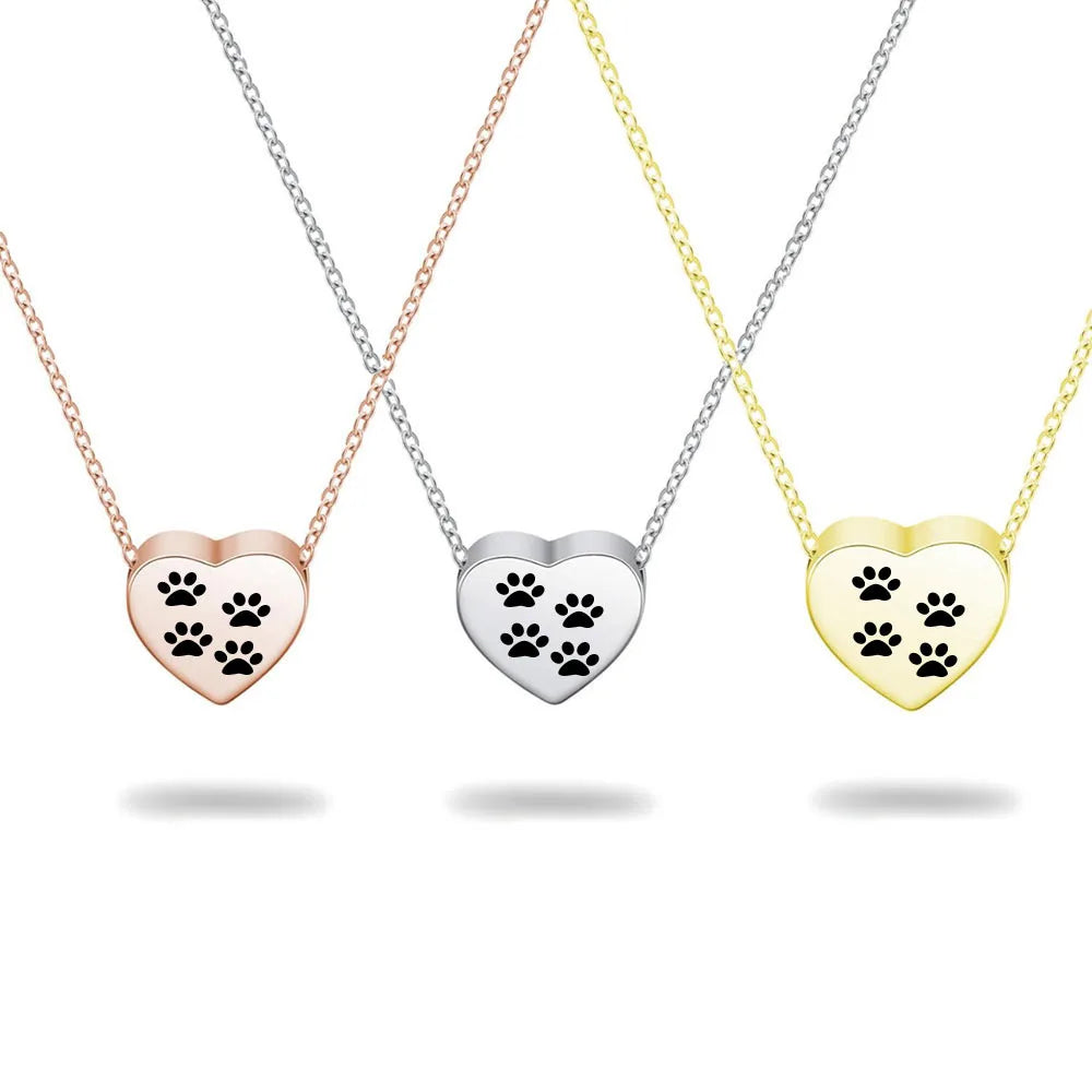 Personalized Dog Paw Prints Ins Heart-Shaped Cremation Urn Pendant Necklace Fashionable Charms for Ashes Storage