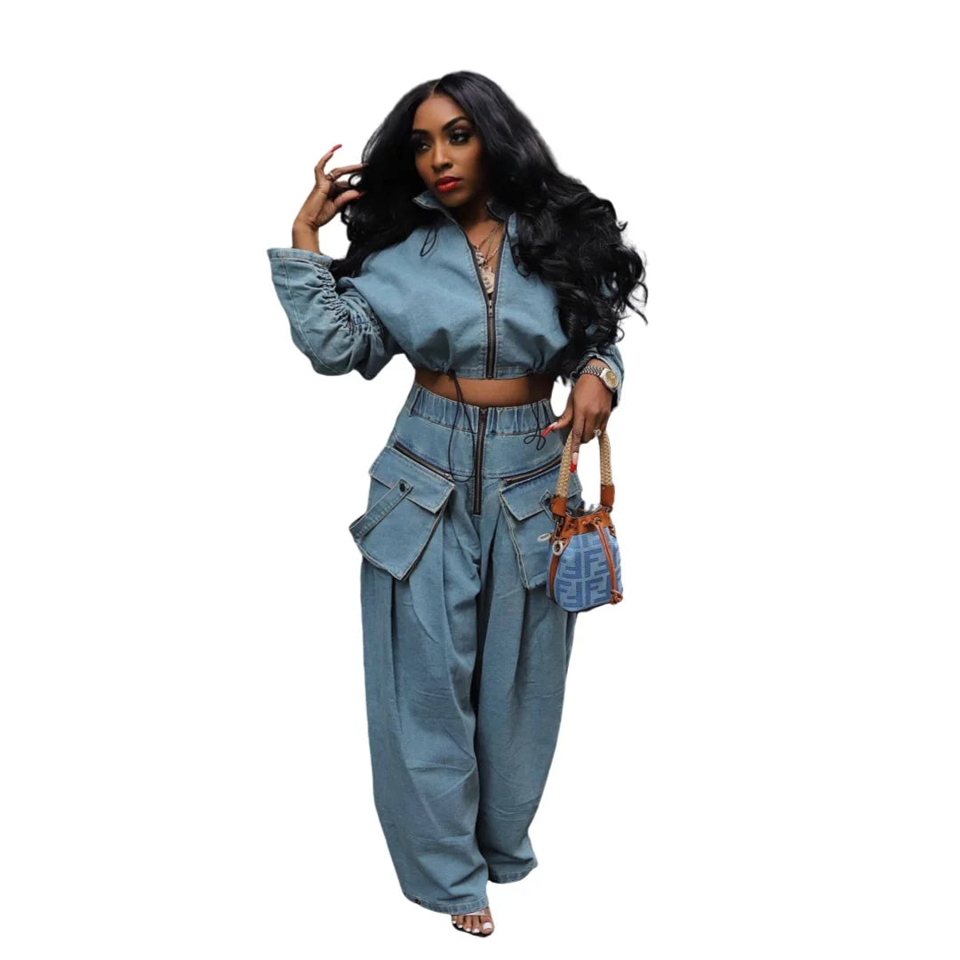 BR4571 Fashion Retro Wide Leg Loose Heavy Industry Denim Two Piece Set Women's Fall Clothing