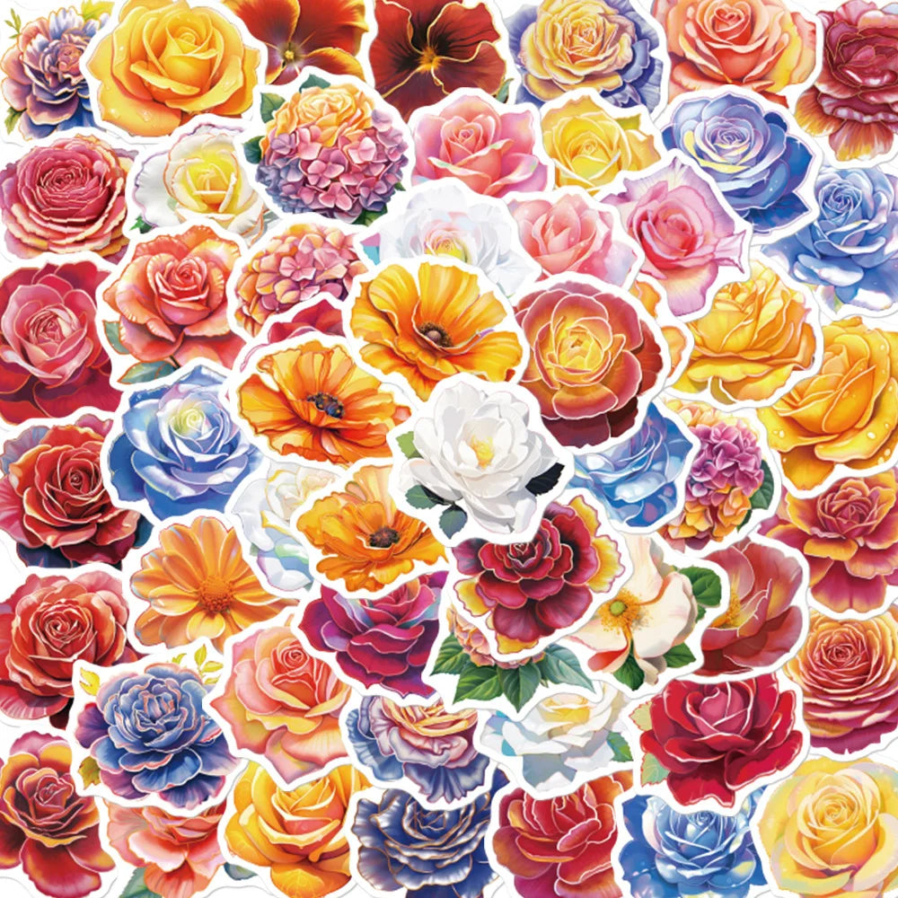 50PCS Not repeat colorful plant decals for girl gift realistic elegant large flowers peonies sticker