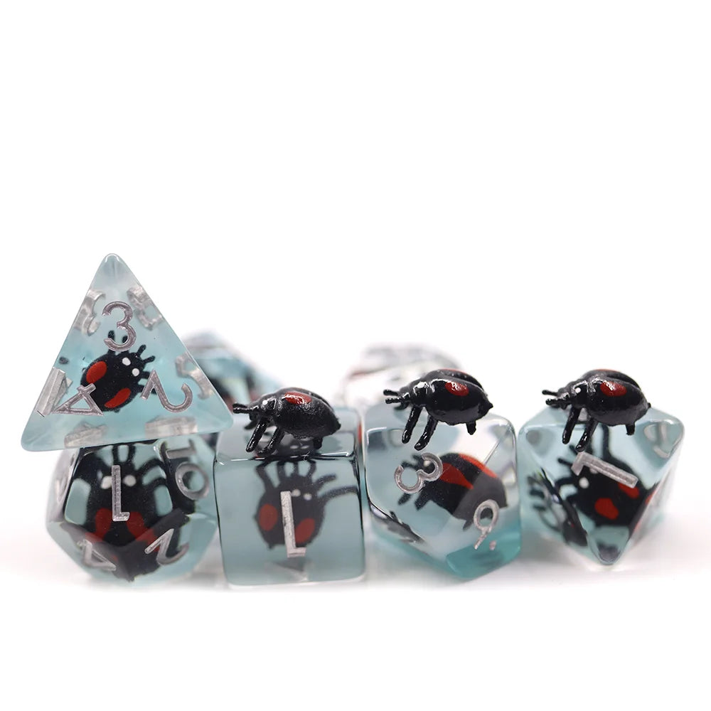 Black Ladybugs Polyhedral Travel Dice Game Set Bulk Wholesale Plastic Resin DND Board Dice for On-The-Go Adventures