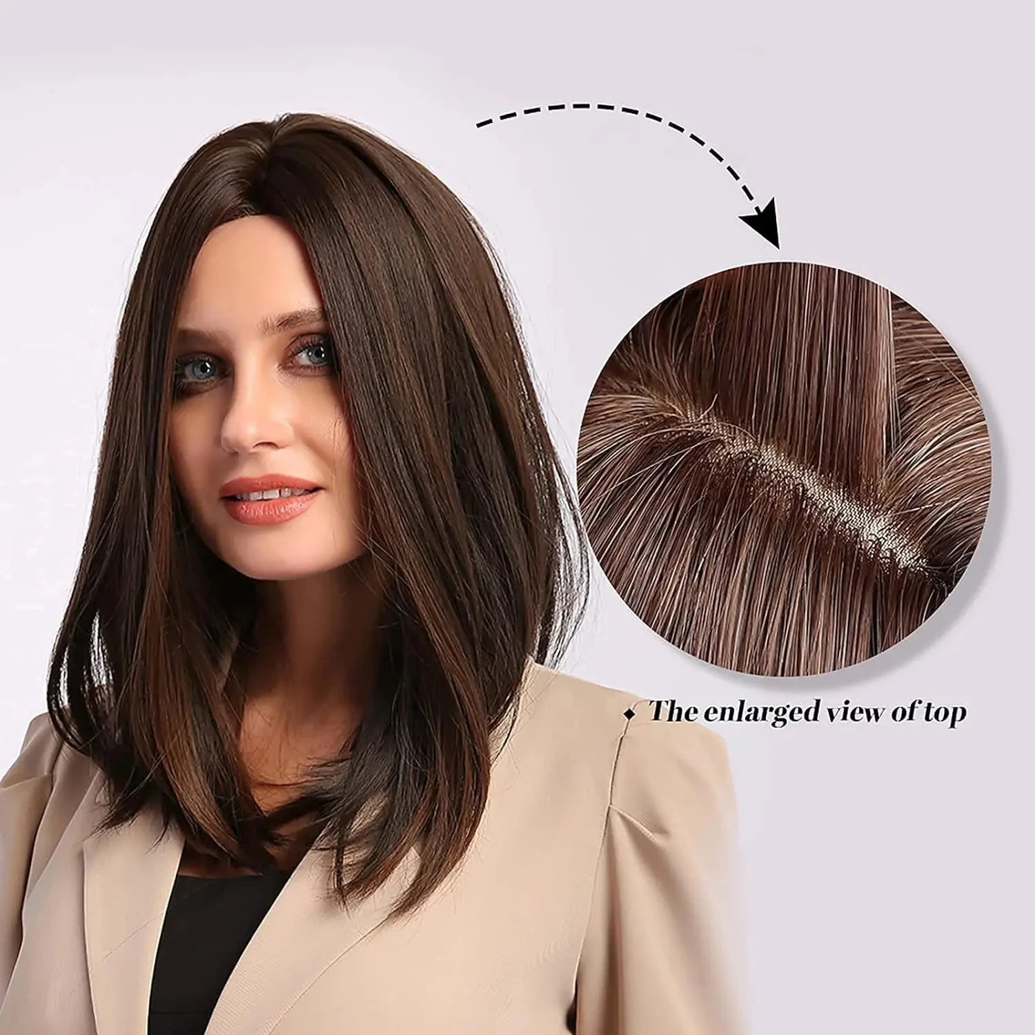 Ftl007 Brown Medium Length Synthetic Wig Natural Hairline Hair Middle Part Ombre Wig Female Daily Heat Resistant Lace Wig