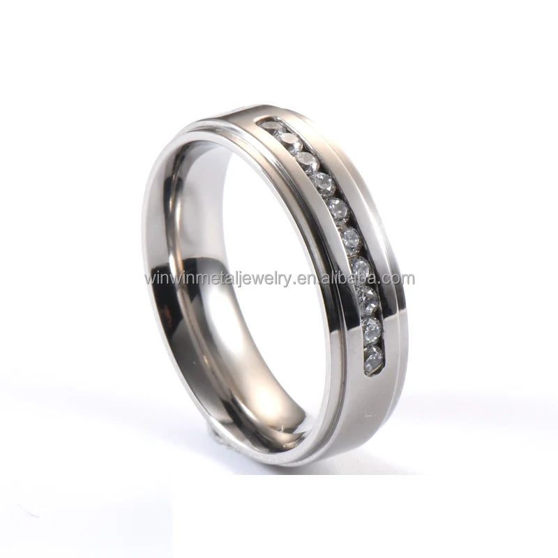 6MM Silver Titanium Ring with CZ Stone Inlay Trendy Wedding Bands for Men and Women for Engagement Gift Party