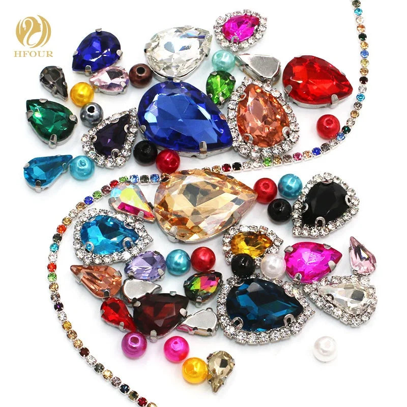 Hot Sale 3D Glass Crystal Rhinestones Mixed Color Flatback Sew-On Technique DIY Projects Loose Rhinestones Mixed Pearl Cup Chain