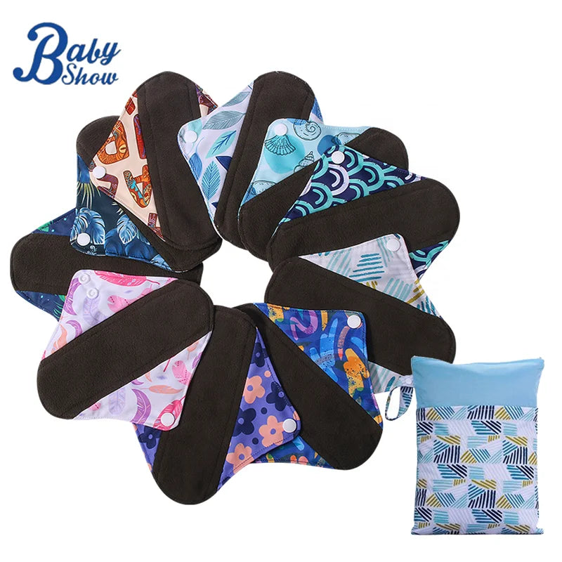 3-Size Set Washable Bamboo Charcoal Cotton Menstrual Cloth Pads Reusable Panty Liner Winged Breathable Sanitary Napkin