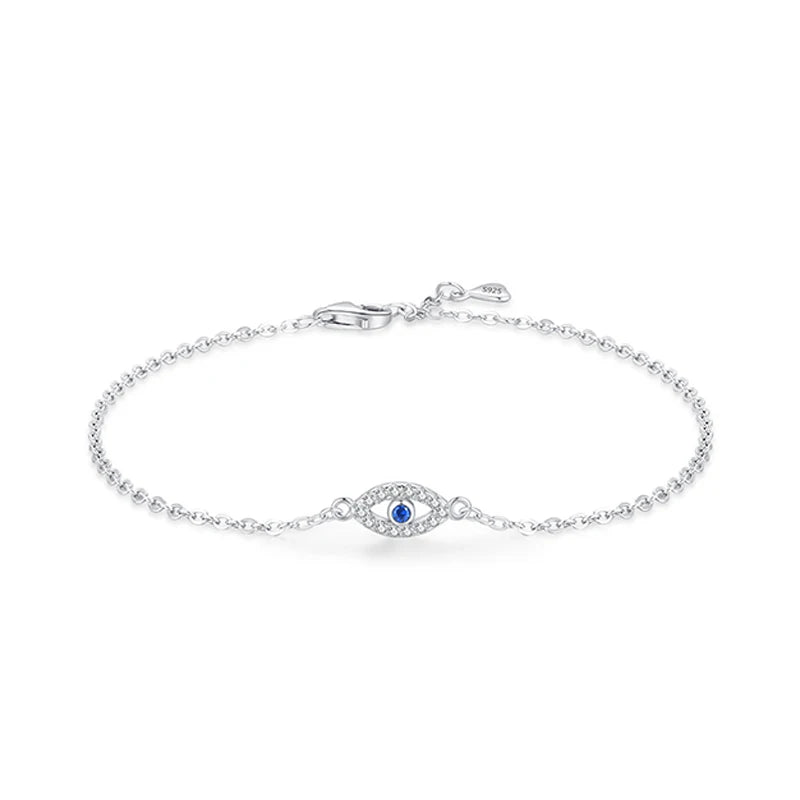 RHB1402 Vintage 925 Sterling Silver Delicate Adjustable Simple Chain Link Lucky Blue Eye Bracelet for Women Fine Jewelry
