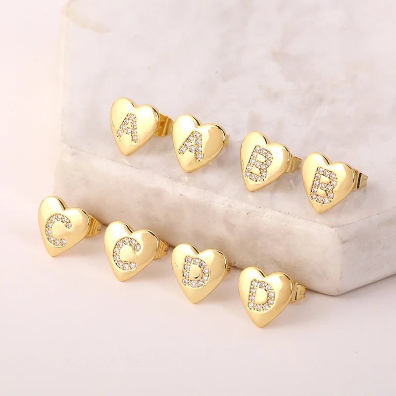 Hot Sale Diamond Initial Letter Zircon Stud Earrings for Women Custom Desgin Letter A-Z Heart Shaped Stud Earrings