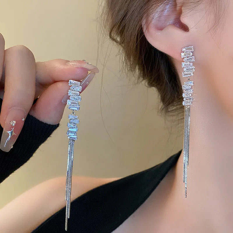 Silver Needle Premium Zircon Wheat Ear Long Tassel Earrings French Retro Baroque Shinny Bride Studs Earring