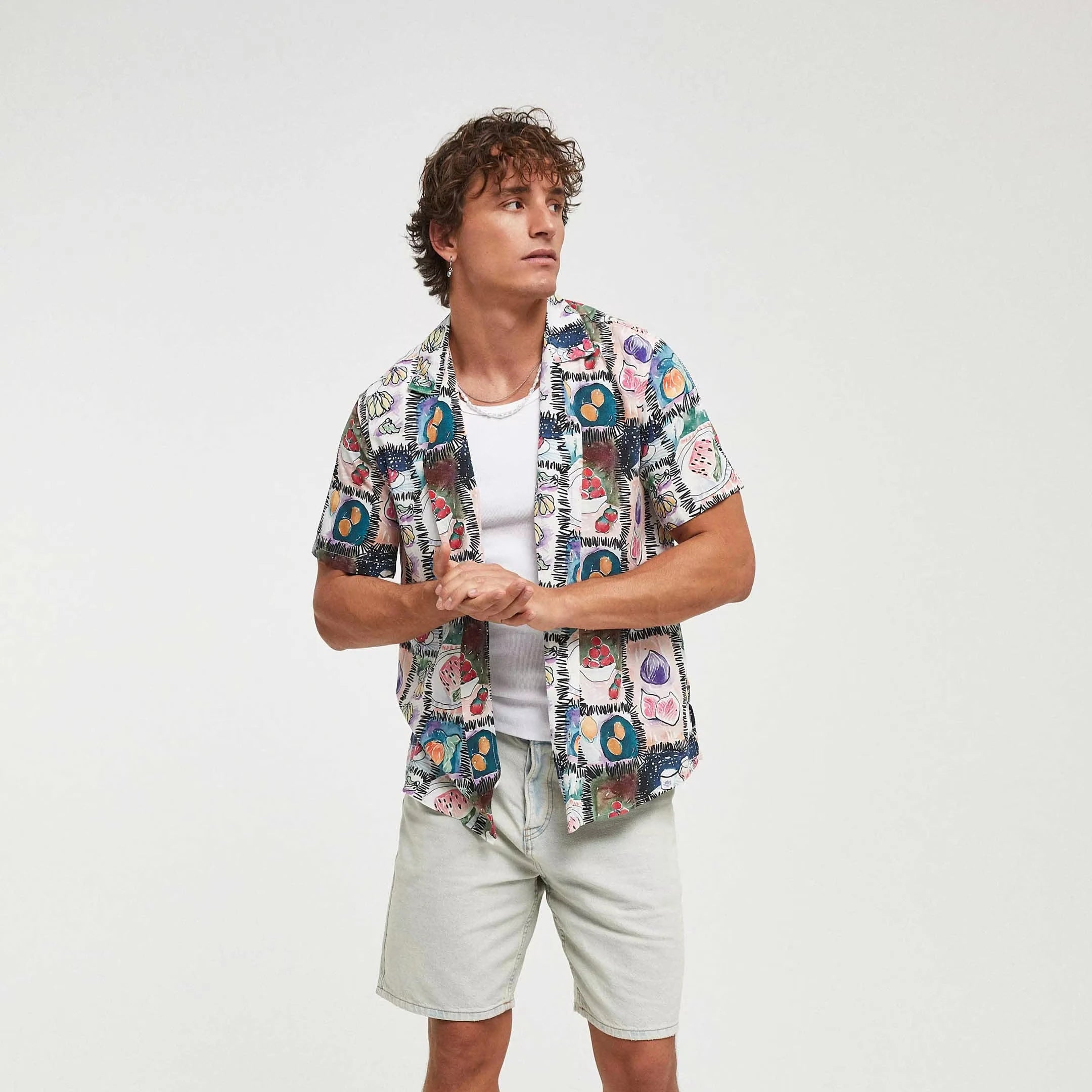 Imperio Shop Soft Viscose Twill Knitted Casual Summer Hawaiian Shirt Empire Waist Regular Fit Men's White Breathable Short