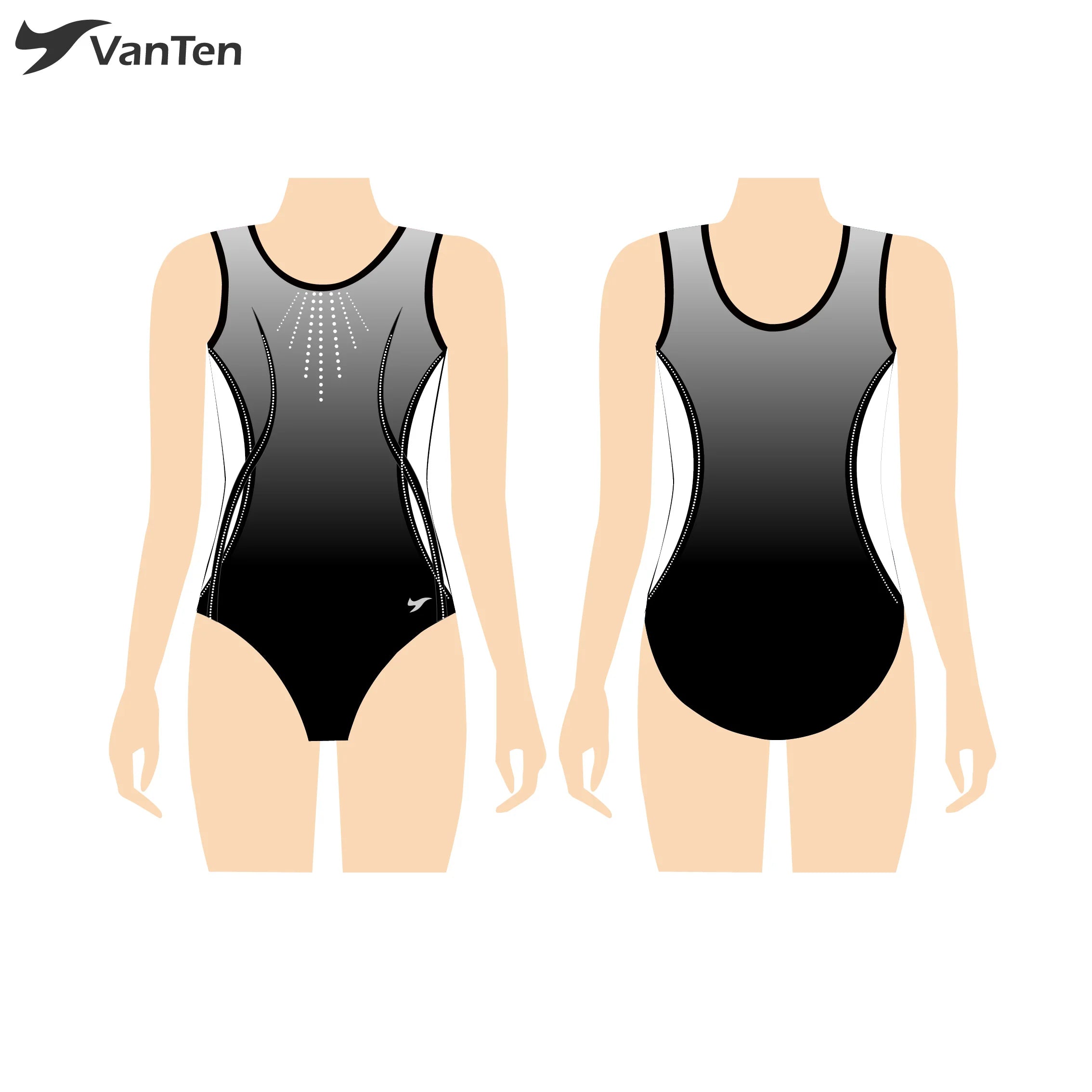 Custom Design VANTAN Black Shiny Sublimation Spandex for Women OEM Gymnastic Leotards Sleeveless Rhinestone Training