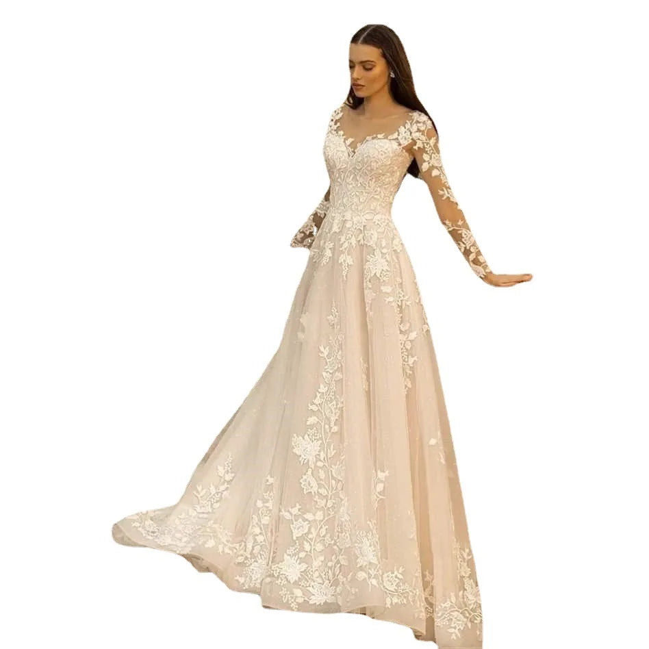 New Lace Ball Gown Wedding Dress Slim-Fit Deep V-Neck Light Train Large Backless Arm-Covering Temperament for Plus Size Bride
