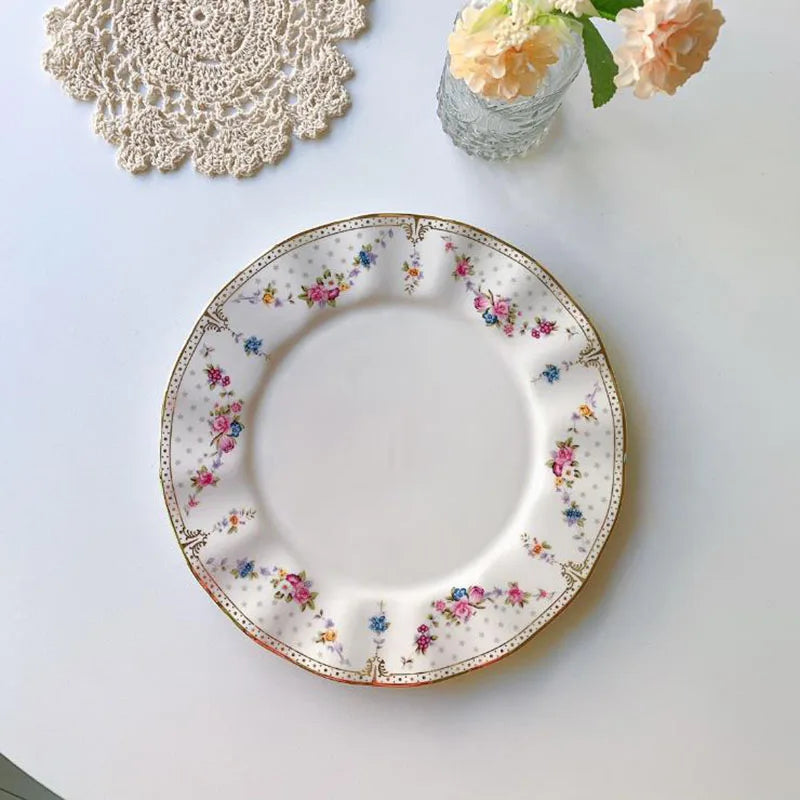 Classical Elegant Tableware Household Creative Western Dishes Dining Plates Ceramic Tableware Flower Ceramic Plate with Gold Rim