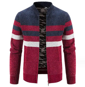 New Fashion Trend Fleece Knit Sweater Men Patchwork Winter Warm Full Zip up Cardigan Sweater