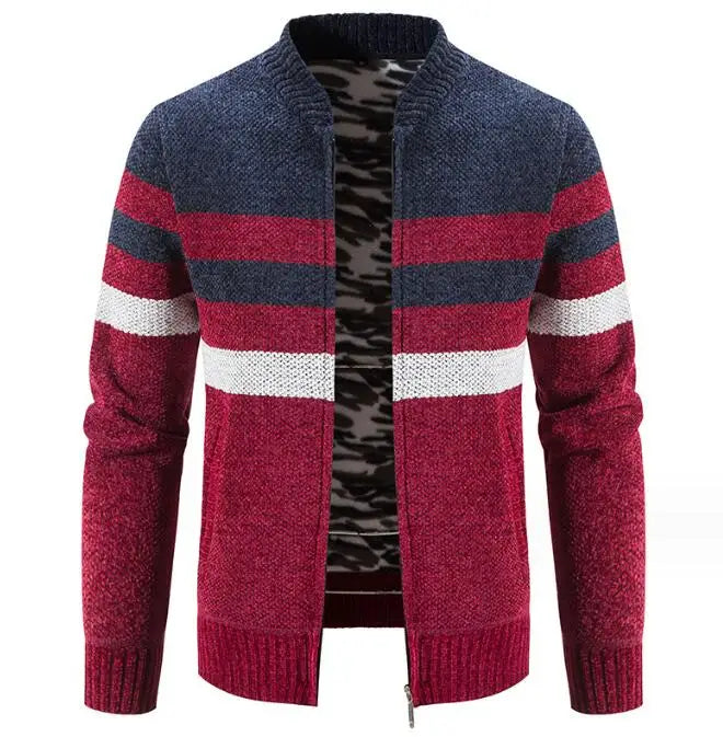 New Fashion Trend Fleece Knit Sweater Men Patchwork Winter Warm Full Zip up Cardigan Sweater