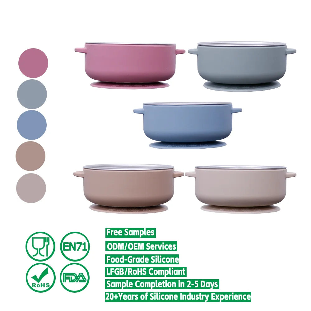 304 Stainless Steel Kids Baby Suction Bowl | Easy Grip Non-Slip Removable Silicone Shell & Double Ear Design for Toddler Feeding
