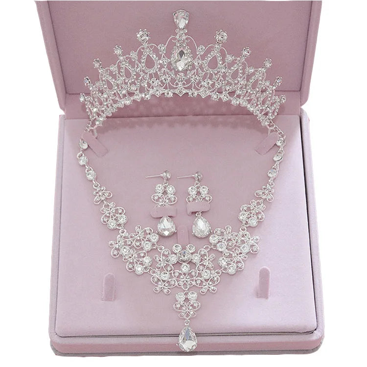 HCT002 Wholesale Bridal Rhinestones Crown Necklace Earrings Set Wedding Crown Jewelry Set Wholesale