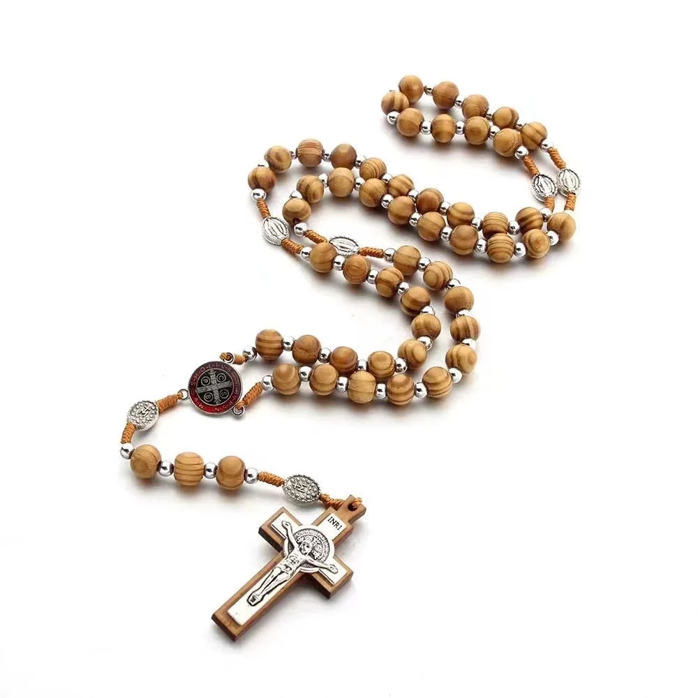 Hand-knotted Catholic Retro Wood Beads Alloy Benedic Jesus Christ Cross Pendant Rosary Necklace