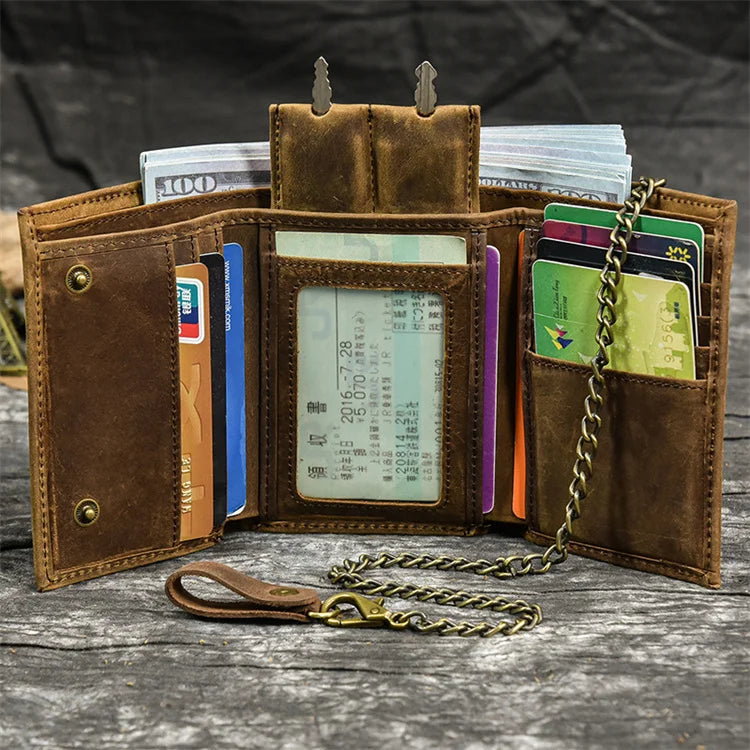 High Quality Men's Genuine Leather Wallet Luxury Retro Coin Purse Trifold Luxury Chain Wallet