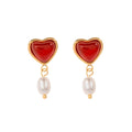 Factory Wholesale Stainless Steel 18K Gold Plated Red Heart Agate Pearl Women's Drop Earrings Jewelry