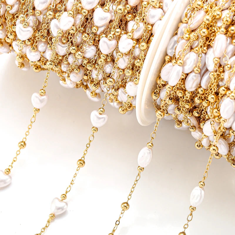 1 Metres/strip KC Gold Plated Heart Shaped Pearl Copper Chain for Jewelry Making DIY Necklace Chains Foot Chain Accessories Y11