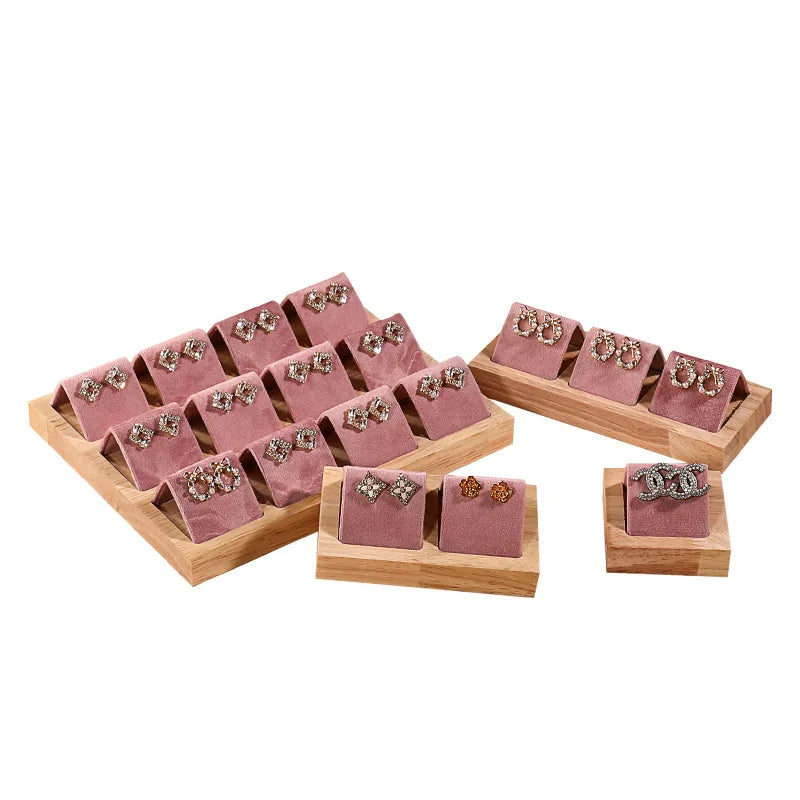 New Design Factory Direct Pink Gray Velvet 1-12pcs Earring Jewelry Display Stand Package Tray Real Wooden Frame Wholesale Custom