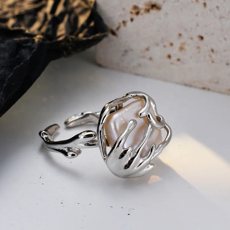 Icebela Jewelry 925 Sterling Silver French Baroque Pearl Ring Square Bead Index Finger Superior Sense Opening Ring for Lady