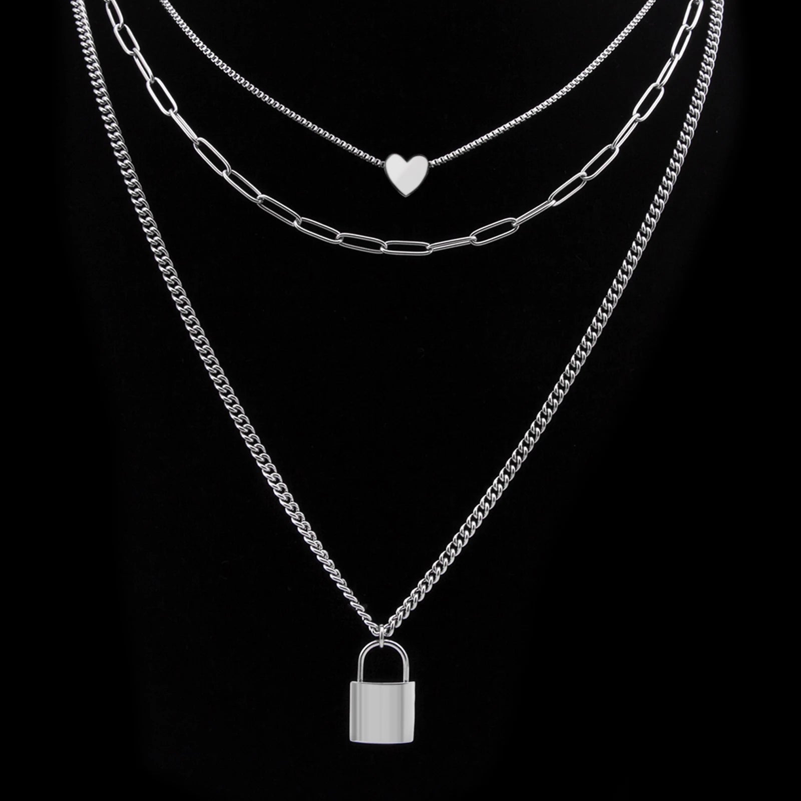 Stainless Steel 18K Gold Plated Three Layer Sweater Chain Padlock Lock Heart Pendant Long Necklaces Women Jewelry