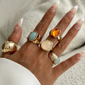 New Styles Colored Luxury Asymmetrical Gold Plating Natural Stone Ring Set  for Woman