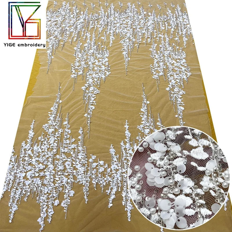 Elegant White Heavy Beaded Lace Fabric Dubai Pearl Bead Embroidery Sequins Bridal Tulle Lace Fabric for Wedding Dress