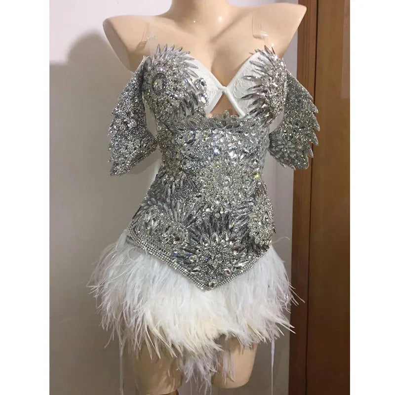 Sparkly Silver Crystal Bodysuit Women Feather Leotard Outfit Female Bar Dance Stage Party Dance Costume Celebrate Dress