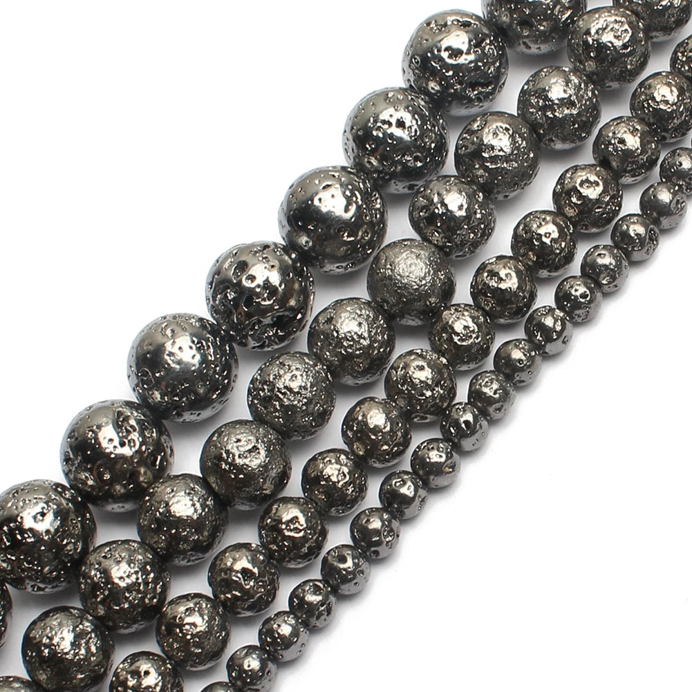 Natural 4/6/8/10MM Black Plating Lava Volcanic Stone Beads for DIY Jewelry Bracelet 15'' Accessories