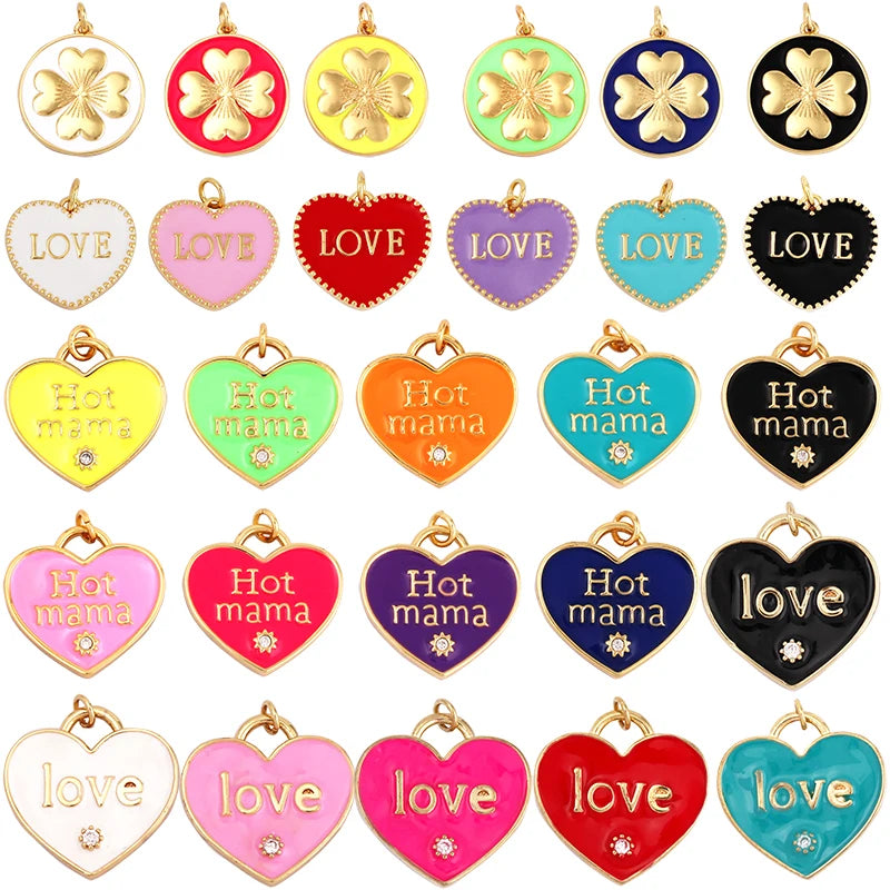 Clover Love Heart Hot Mama Enamel Charm Neon Pink Orange Turquoise Blue Oil Dropped18K Gold Plated Necklace Bracelet PendantM24
