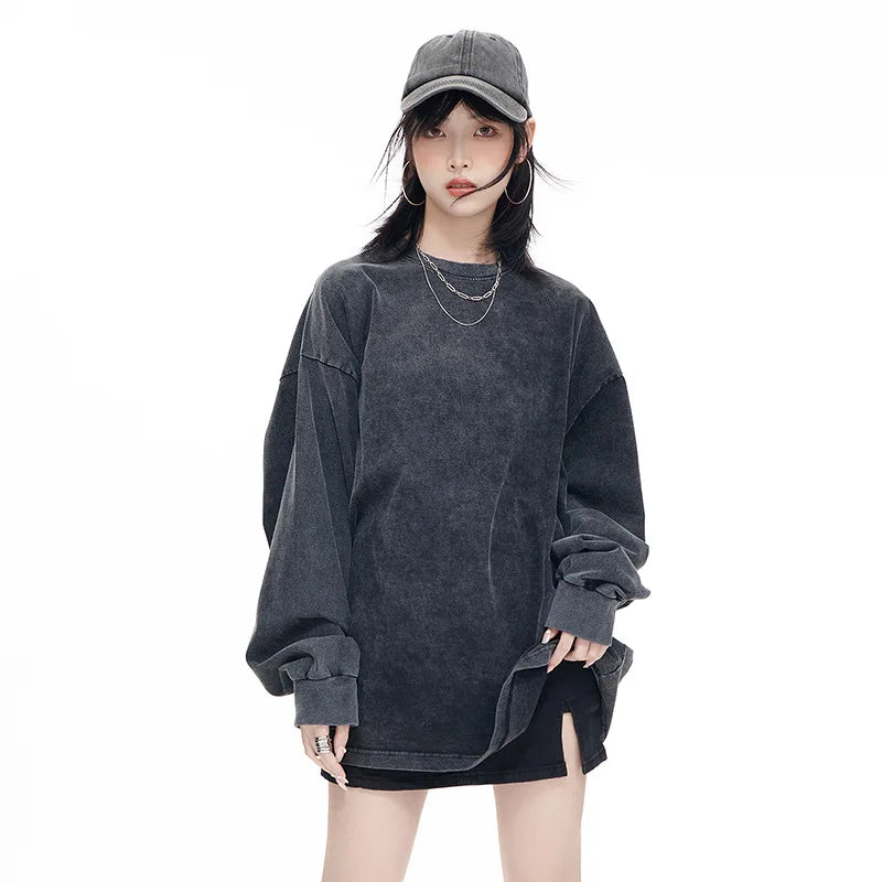 Custom 100% Cotton Acid Wash Blank T-Shirt Streetwear Long Sleeve Drop Shoulder for Men 230 Grams LongSleeve Knitted Fabric