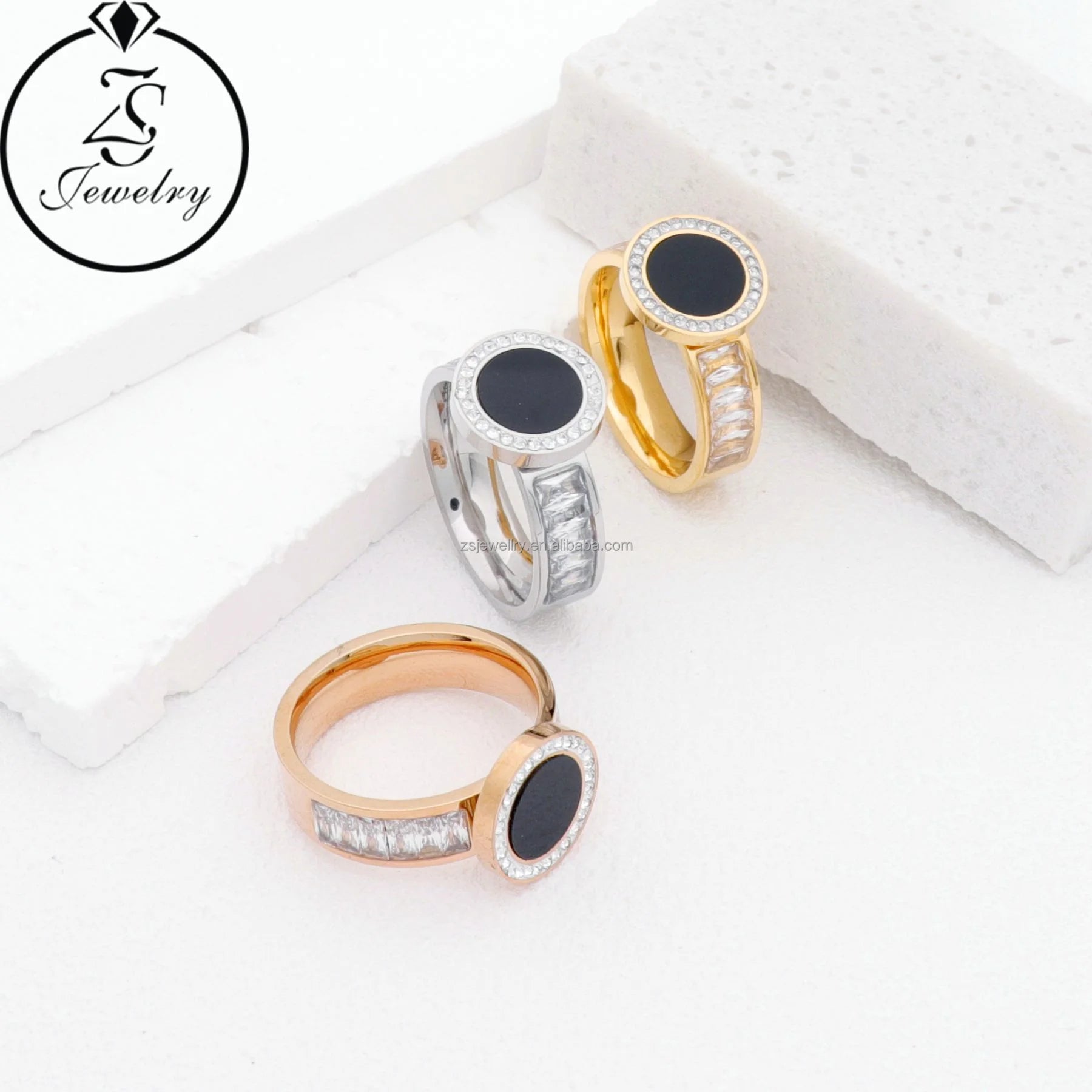 Wedding Gold Plated Silver Stainless Steel Jewelry Love Big Shell Geometric Stone Three Color Engagement Design Ring