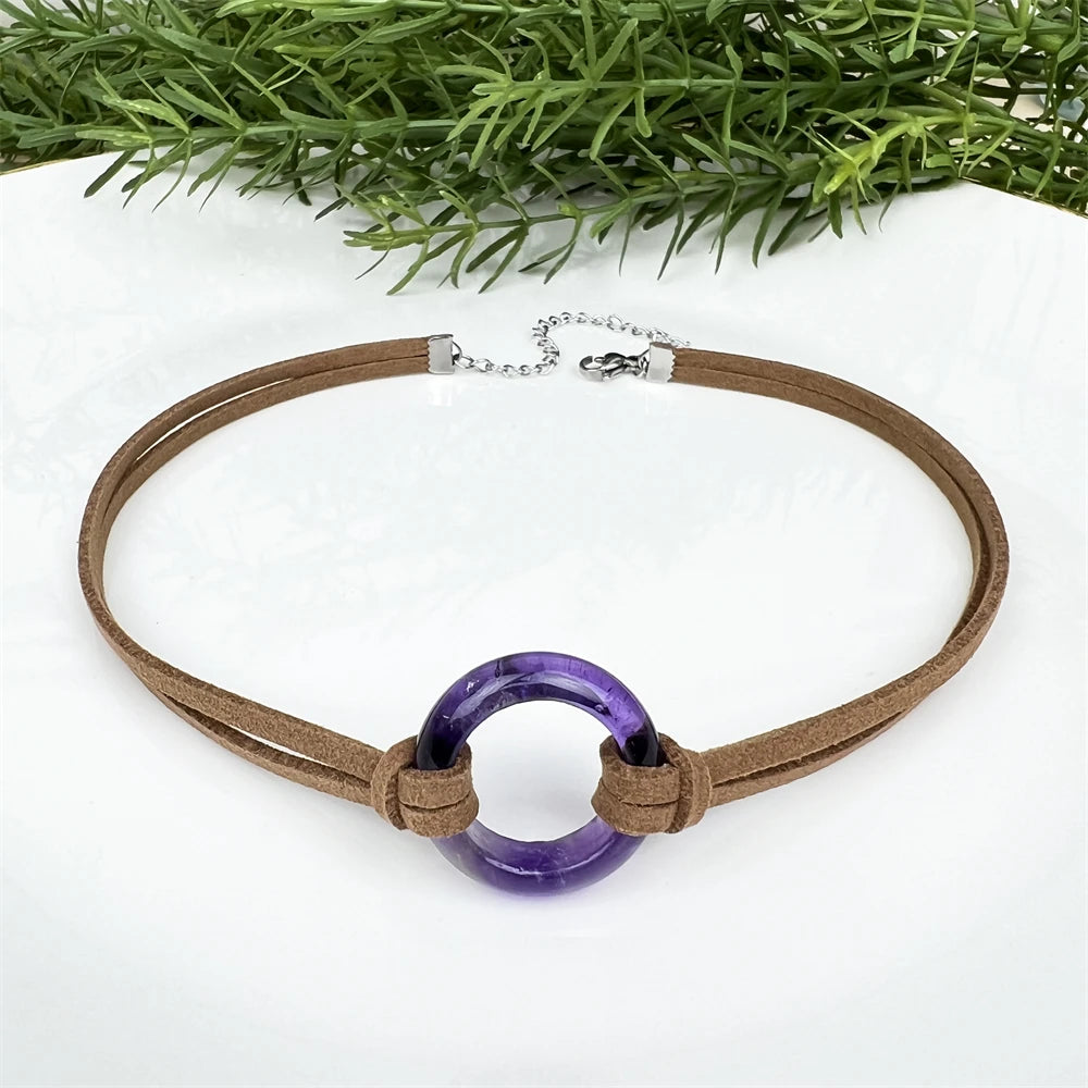 Wholesale Custom Women Jewelry Circle Amethyst Ring Handmade Leather Choker Necklace Personalized Crystal Circle Necklace Hiphop