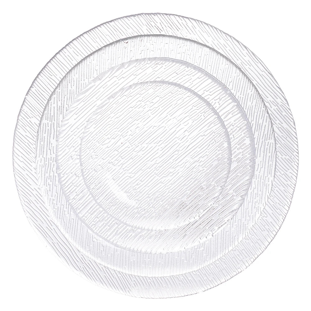 Bulk Set of Round Clear Crystal Glass Charger Plate with Gold Rim Horizontal Stripes Pattern for Restaurant Hotels Wedding Decor