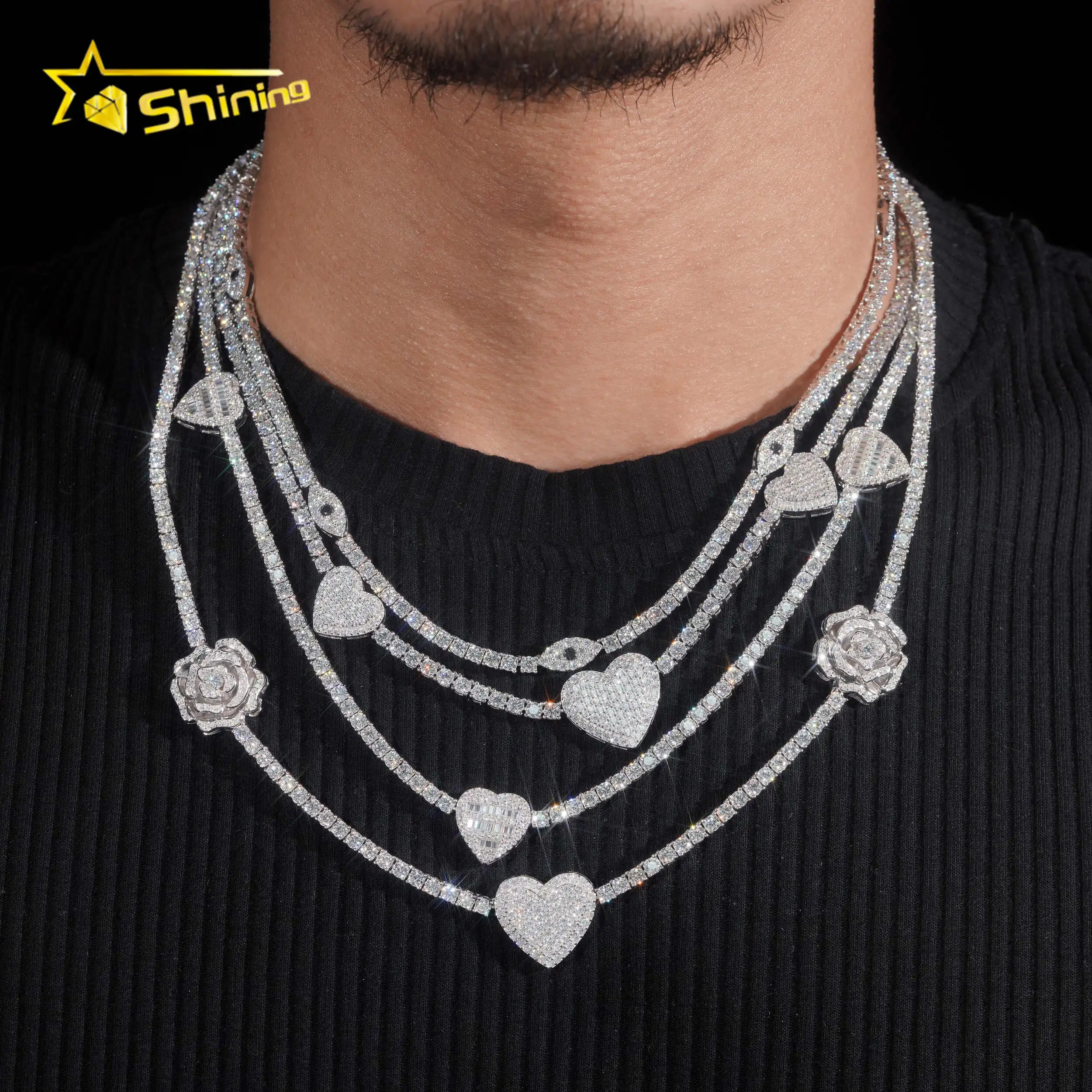 Iced Out Bling Bling Vvs1 D Color Moissanite Diamond Tennis Chain Necklace With Heart Rose Eye Charms