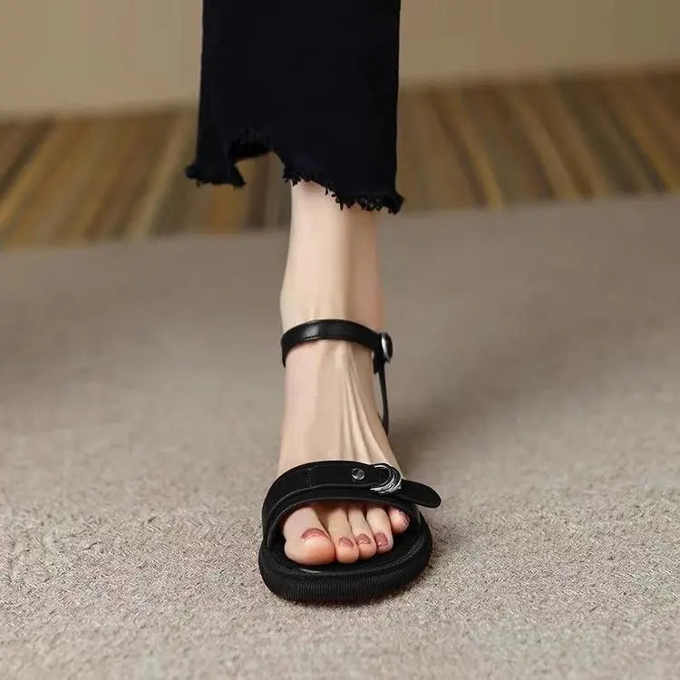 Women's Fashion Metal Chain Flat Heel Sandals Square Toe Solid Colour Simple Ladies Casual Shoes Summer Breathable Lightweight