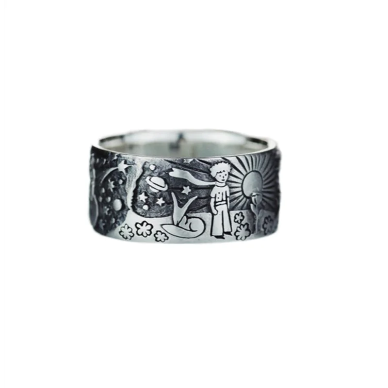 Trendy Little Prince Little Fox Planet Brass Antique Silver Plated Women's Retro Ring