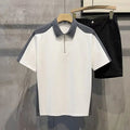 Men's Summer Casual British-Style for Polo Top New Color-Block Solid Jersey Fabric Anti-Pilling Half-Zipper Short-Sleeved Loose