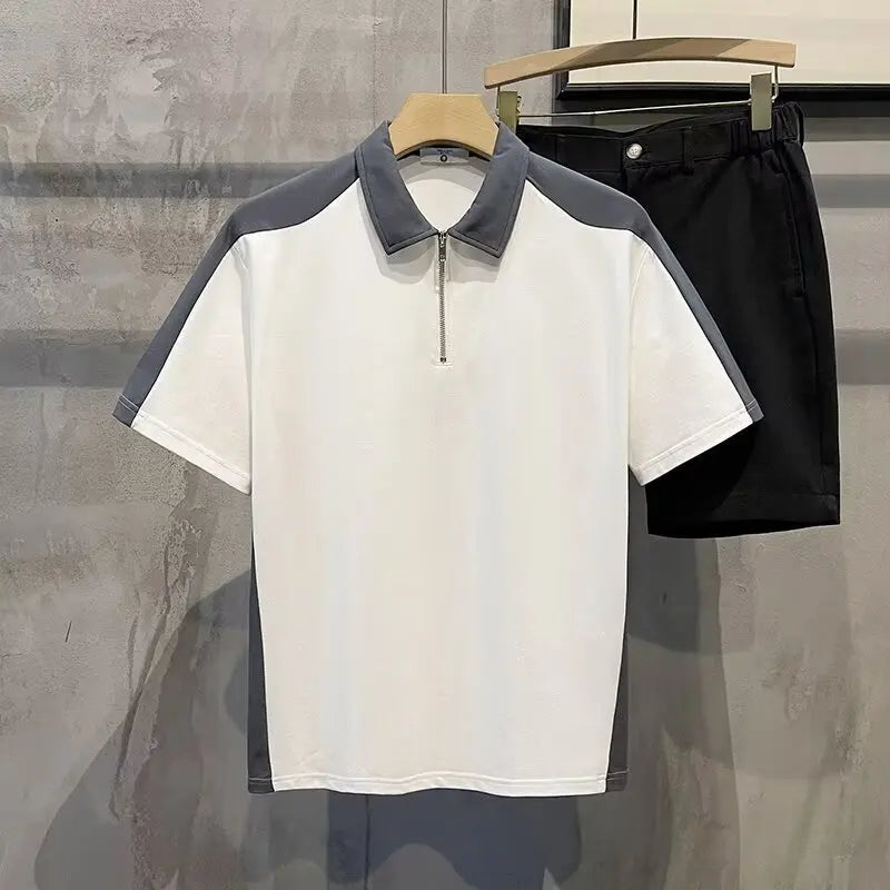 Men's Summer Casual British-Style for Polo Top New Color-Block Solid Jersey Fabric Anti-Pilling Half-Zipper Short-Sleeved Loose