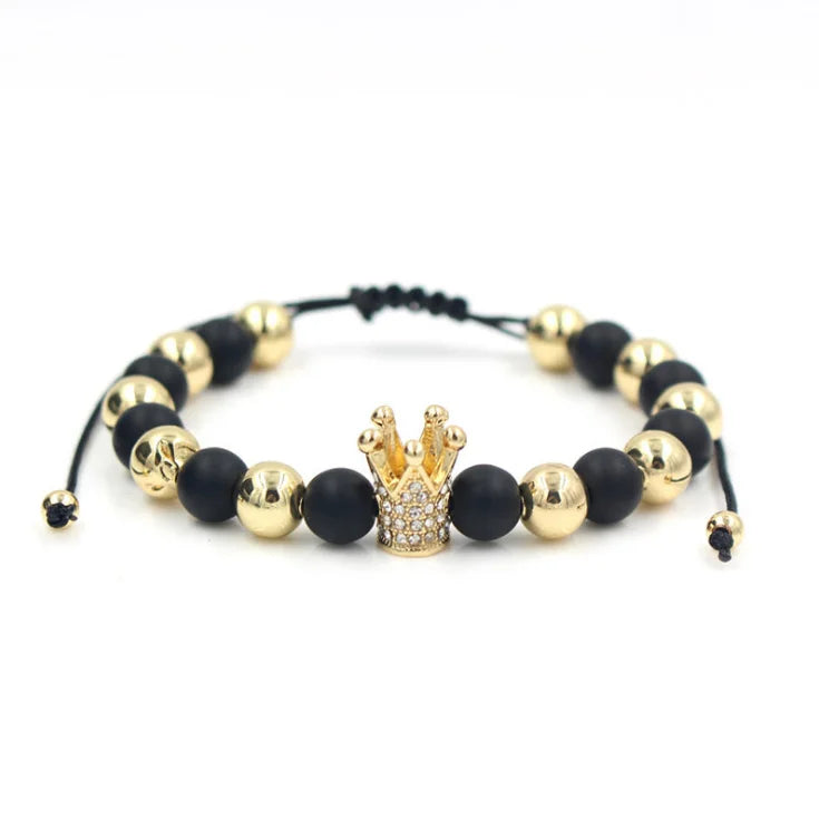 Zircon Bracelets Men Jewelry Cubic Micro Pave Crown Charm Round Beads Braided Macrame Bracelet
