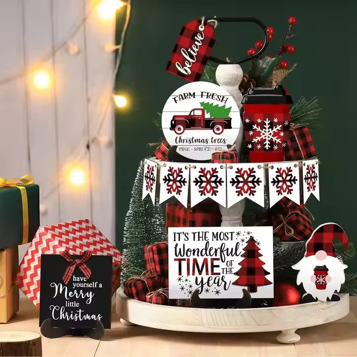 Christmas Layered Tray Wooden Ornaments Mini House Farmhouse Party Decorations Customizable