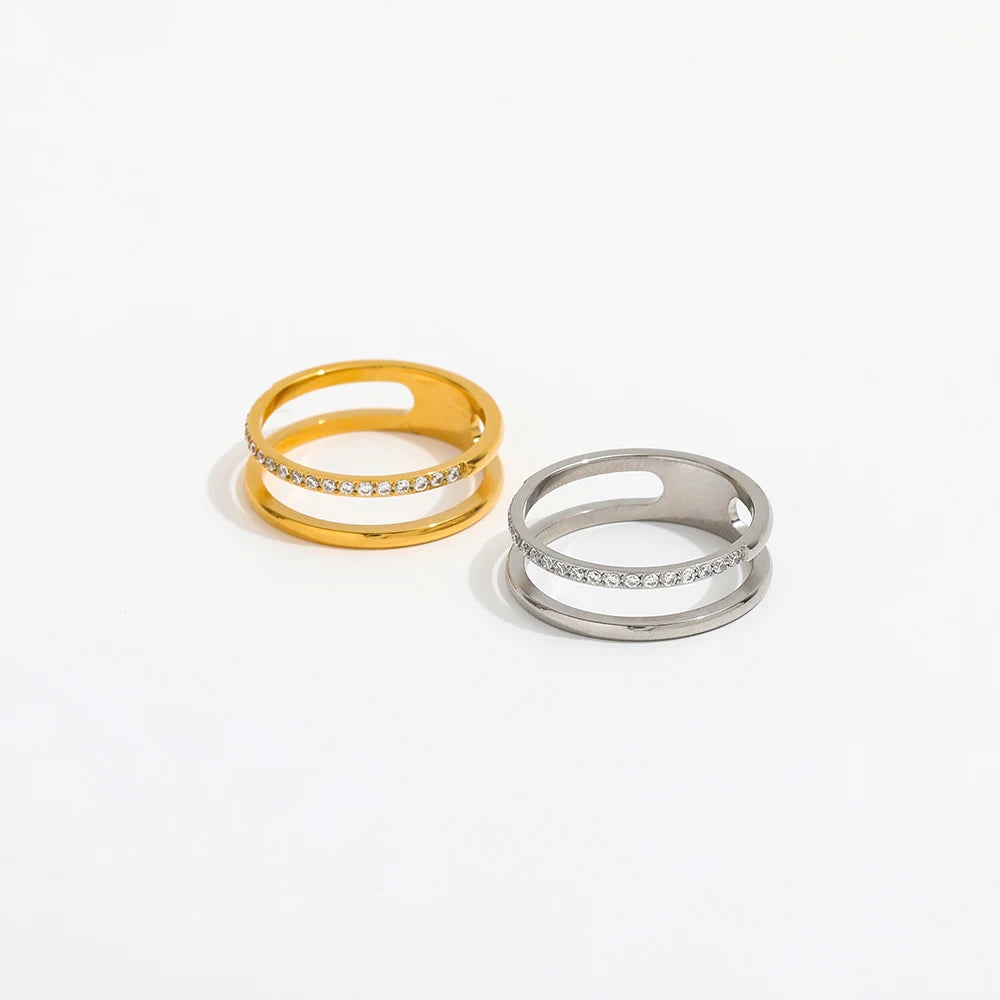 High End 18K PVD Gold Plated Double Layer Dainty Zirconia Couple Rings Stainless Steel Women Rings Tarnish Free Jewelry