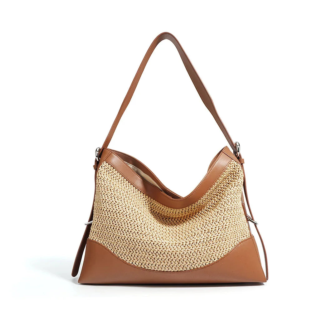 Factory Customized Logo Raffia Straw Tote Leather Shoulder Handbag Cowhide Leather Polyester Bag Paper Beach Open Winter Summer