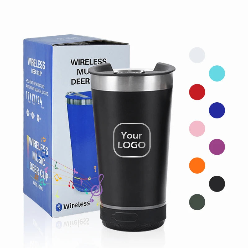 Custom 473ml logo Double Wall Stainless Steel Metal Insulated  Travel Beer Mug Tumbler with Opener and Wireless Speaker Mug