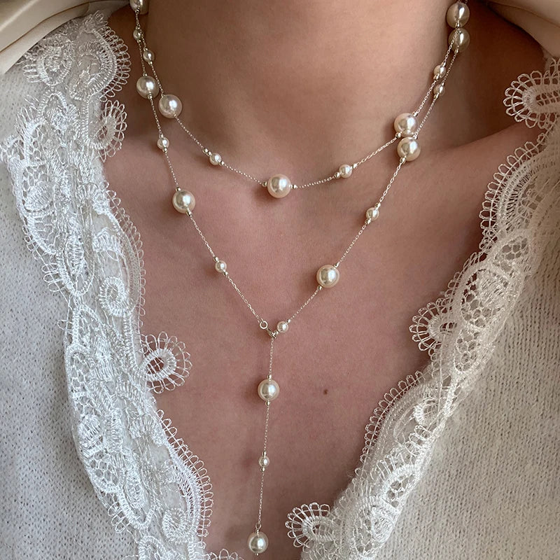 Throughout S925 Silver Fine Chain Bright White Pearl Y Sweater Chain Stacking Necklace Women Jewelry Factory Wholesale