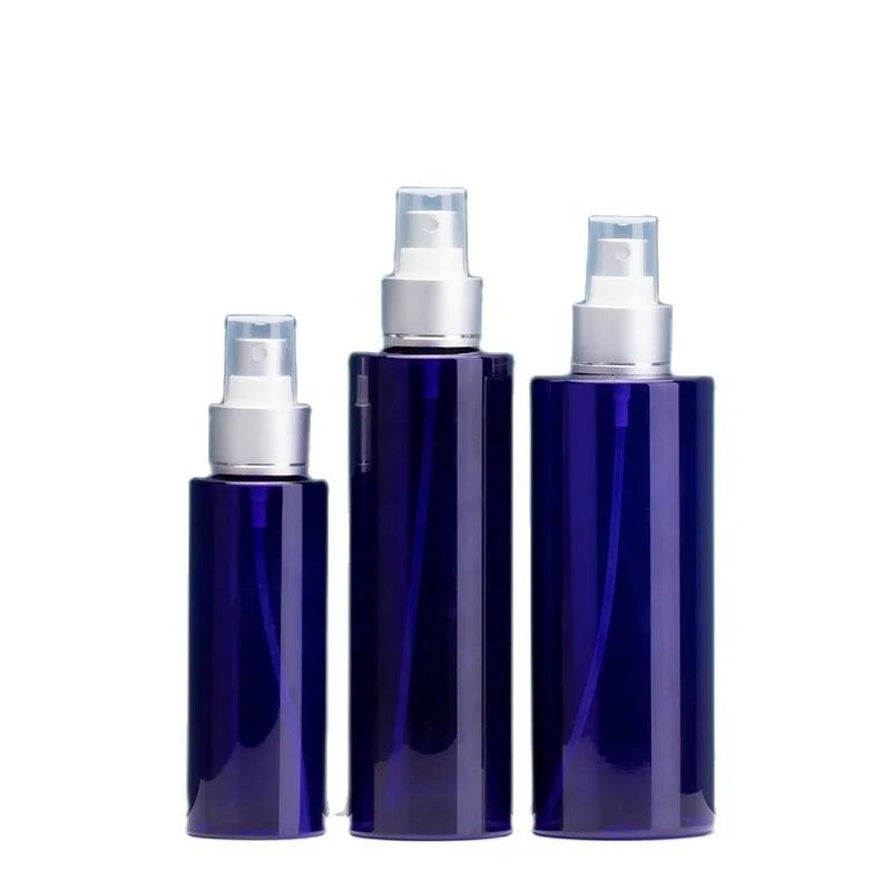 100ml 200ml 250ml PET Plastic Spray Bottle Blue Fine Mist Sprayer Matte Silver Ring Perfume Cosmetic Toner Water Spray Bottle